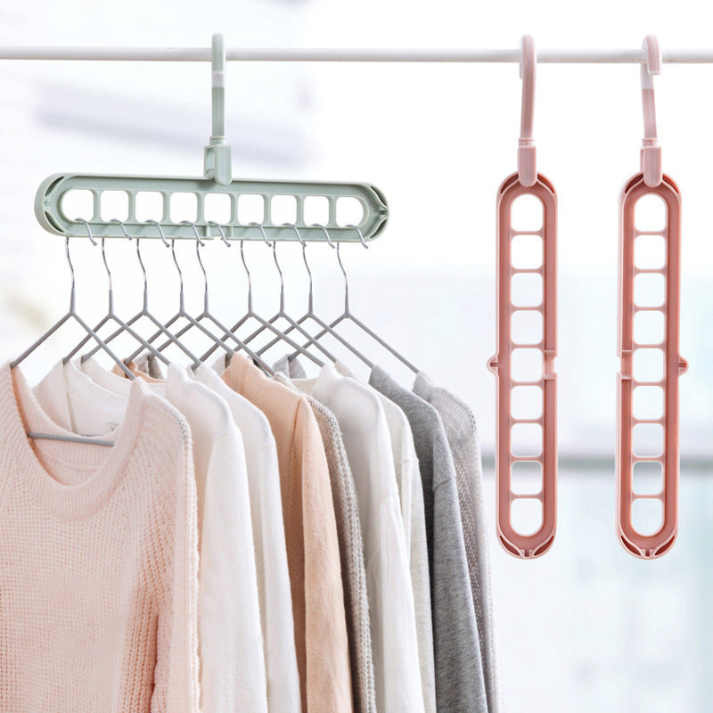 Space-saving hanger shown in horizontal and vertical use