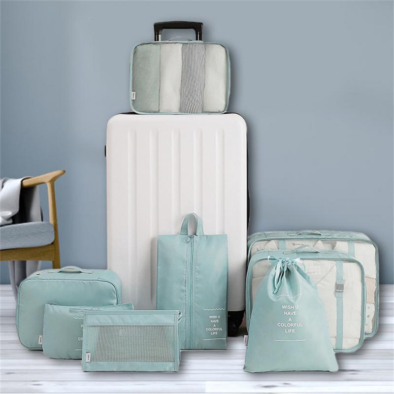 Travel packing cube set displayed with luggage